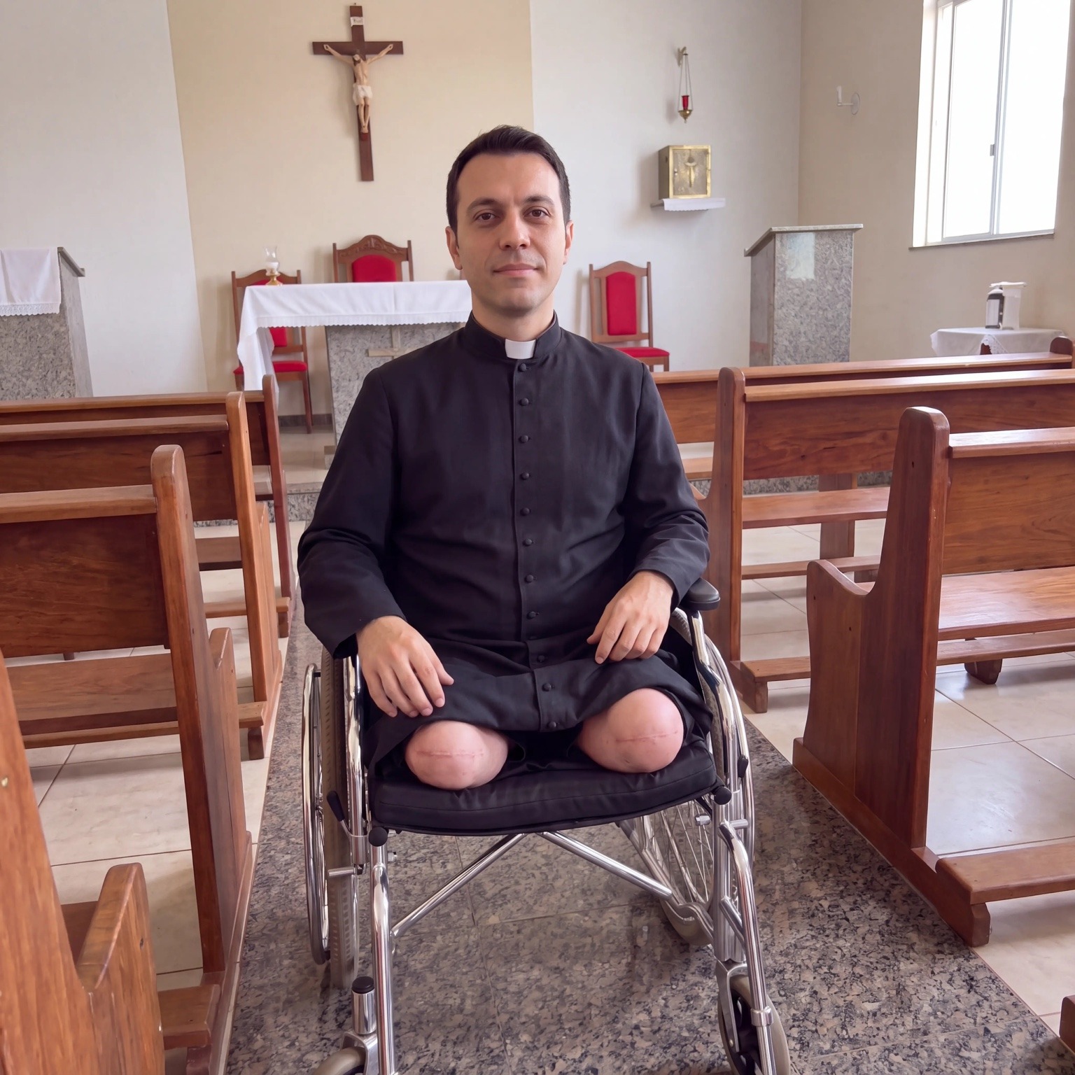Padre Miguel sentado en una silla de ruedas dentro de la iglesia
