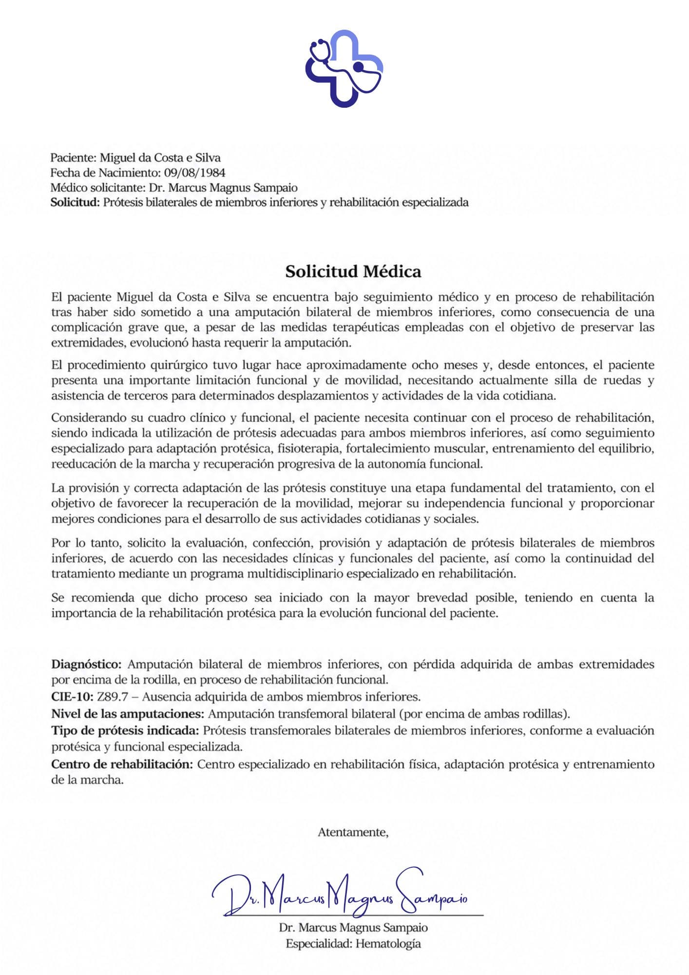 Solicitud médica de Miguel da Costa e Silva